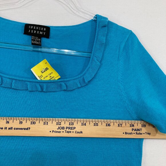 New Spenser Jeremy Large Blue Square Neck Ruffle Silk Blend Knit Stretch Top - Picture 6 of 8